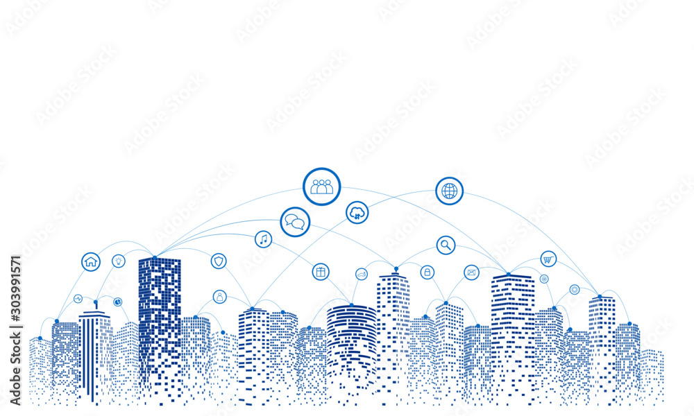 数字社会中的通信和网络。天空背景。未来城市或智慧城市概念