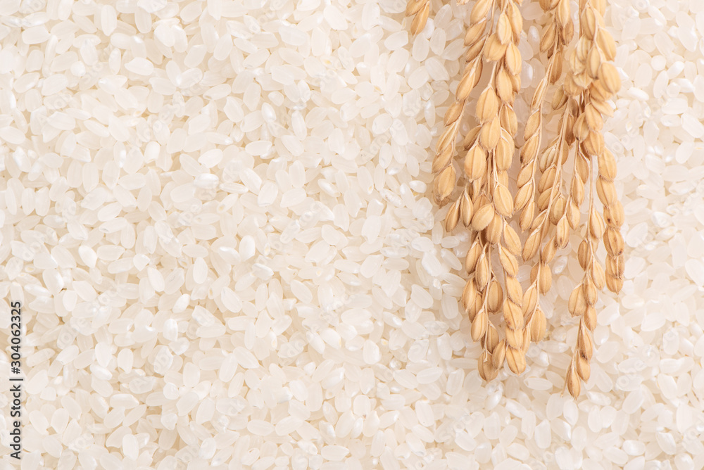 生的白色抛光磨碎的可食用水稻，白色背景，棕色碗，有机农业de