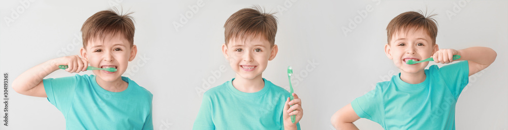 小男孩在浅色背景下刷牙的肖像