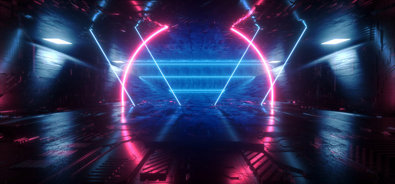 Sci Fi Futuristic Schematic Chip Virtual Neon Laser Triangle Shaped Lines Glowing Purple Blue Tunnel Corridor Concrete Dark Night Stage Cyber 3D Rendering