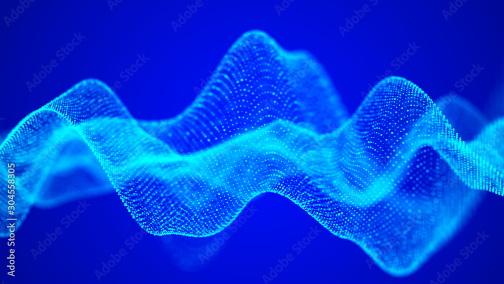 Abstract technology flow background. Futuristic blue dots background with a dynamic wave. 3d renderi