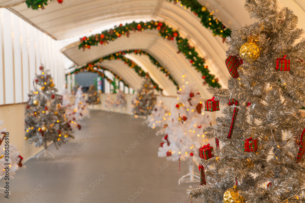 2019年12月圣诞节，市中心人行道上的圣诞树装饰。