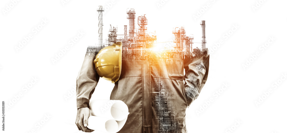 Future factory plant and energy industry concept in creative graphic design. Oil, gas and petrochemi
