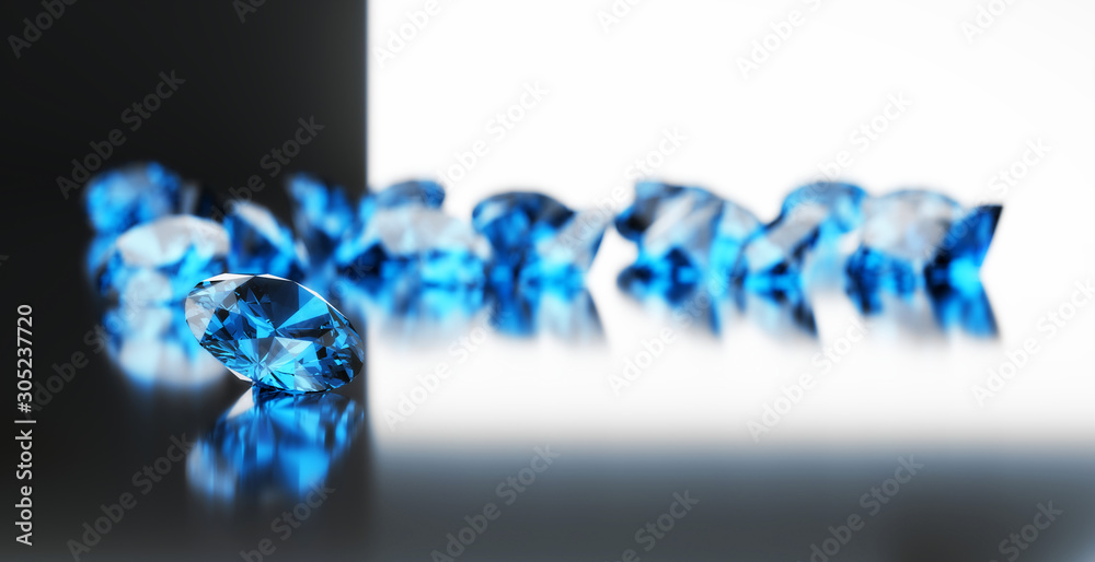 蓝色钻石宝石放置在反射背景上的三维渲染。
