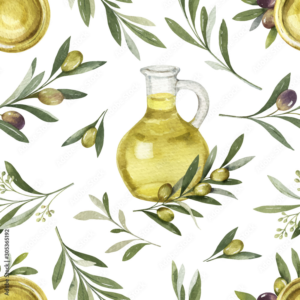 水彩矢量无缝图案，带有橄榄枝、浆果和一瓶油。