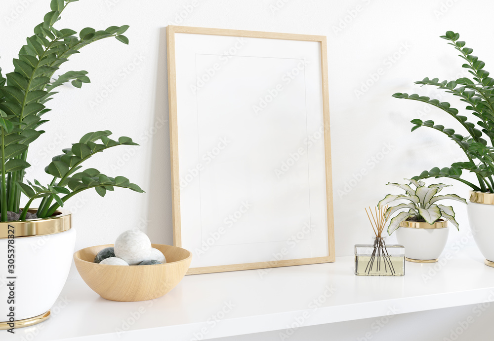 金色框架靠在白色架子上，室内有植物和装饰，模拟3D渲染