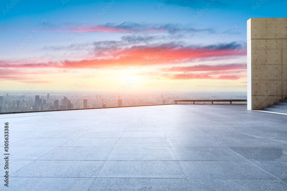 Empty floor and city skyline with beautiful clouds scenery in Shanghai at sunset.high angle view.