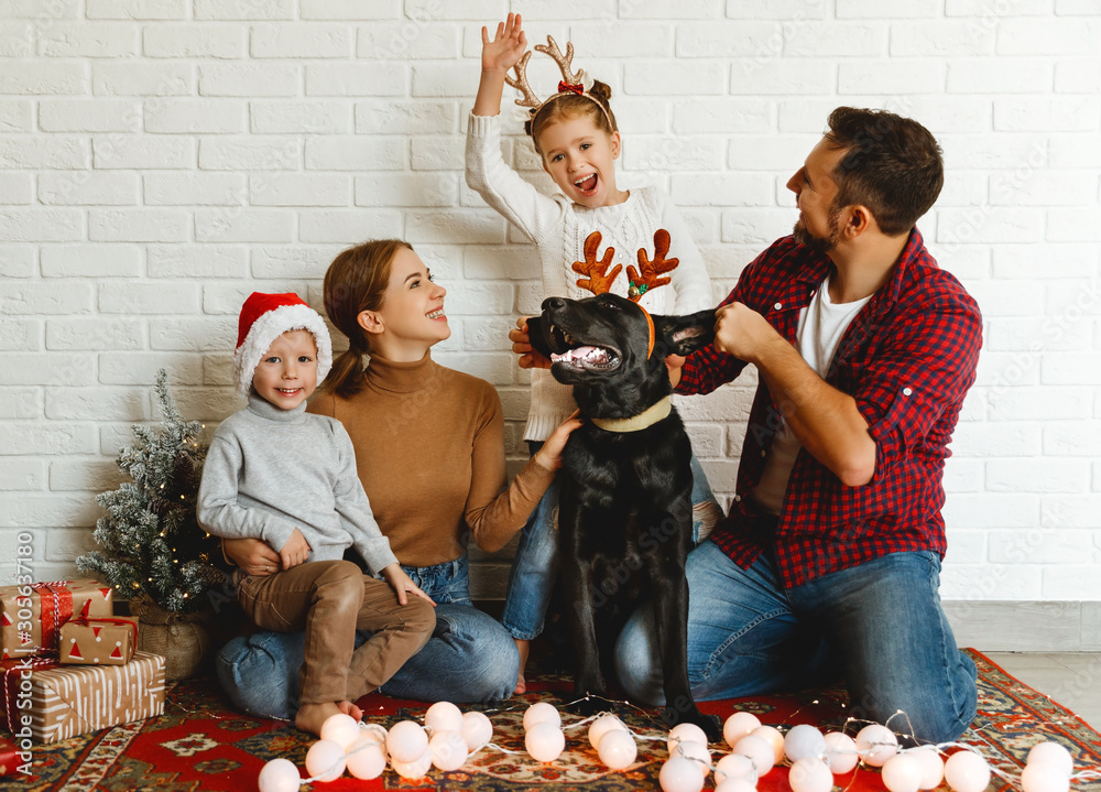 圣诞快乐！家庭母亲父亲和孩子在圣诞节前带着狗，带着花环和树