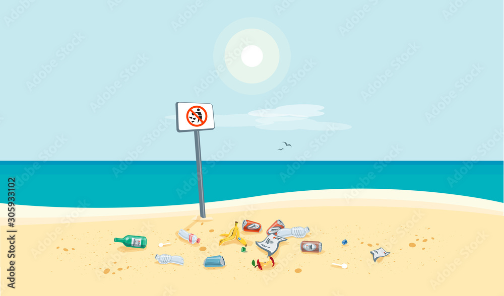 肮脏的海滩污染海景，没有乱扔垃圾的标志。沙滩上的垃圾和垃圾。Pl