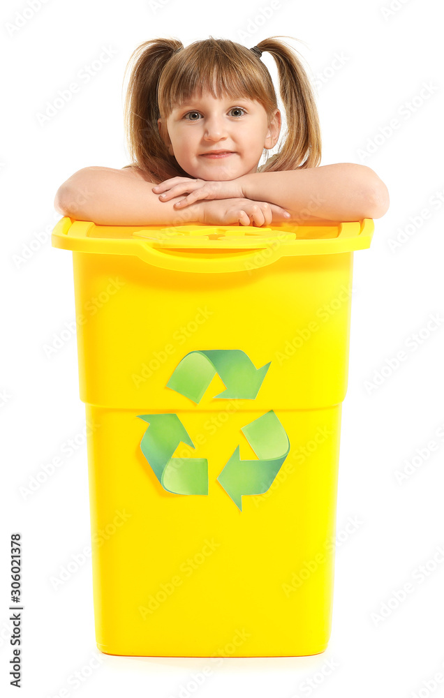 Little girl and container for trash on white background. Concept of recycling