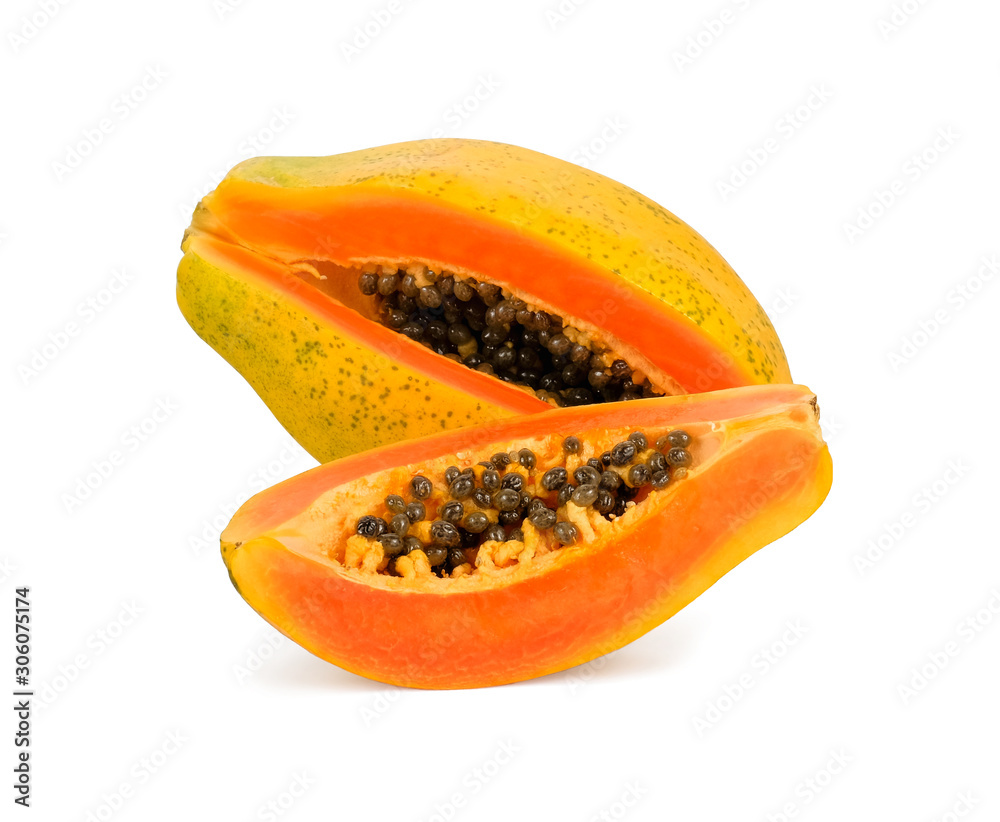 a whole and slices of ripe papaya fruit isolated on white background.