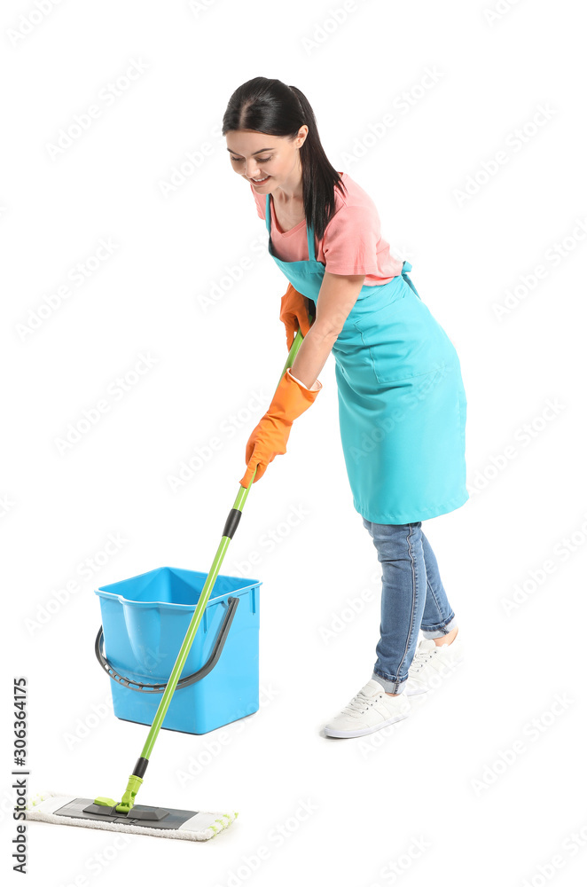 Female janitor with mop on white background