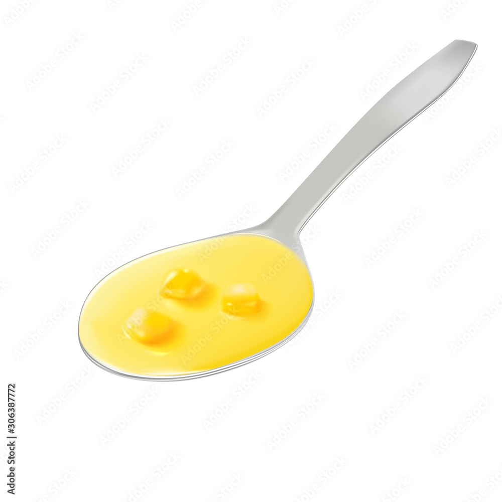 Corn cream soup in a spoon, instant soup, canned food, detail for design and advertising. Vector.