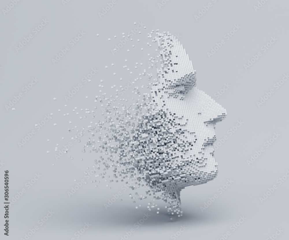 抽象的人脸，由立方体构建的头部的三维插图，人工智能conc