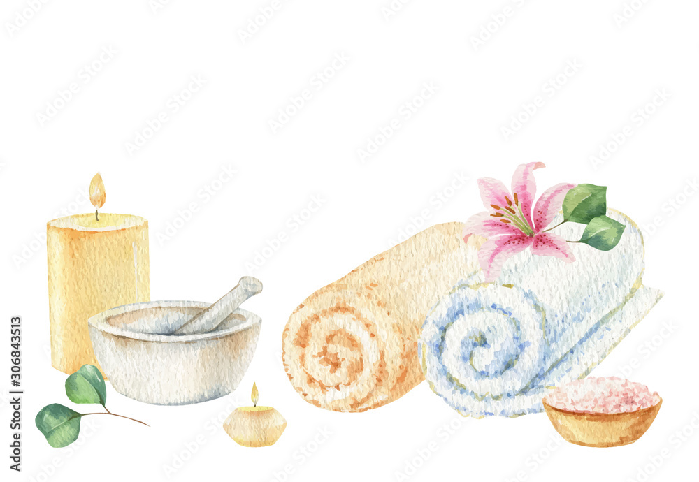 Watercolor vector Spa arrangement of cosmetic products.