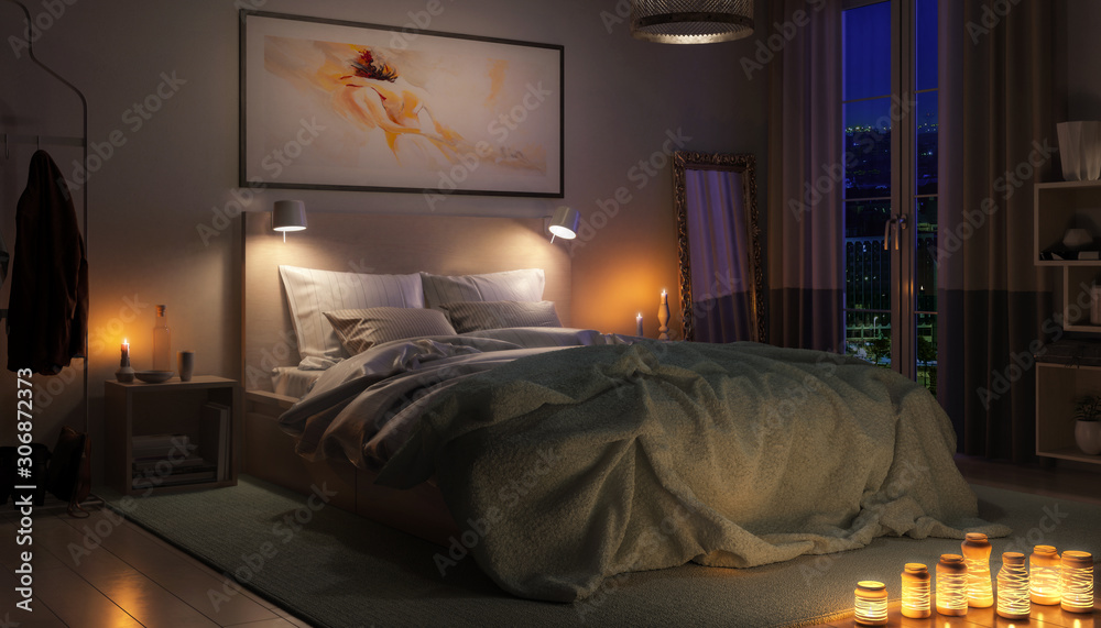 当代卧室夜间布置-三维可视化