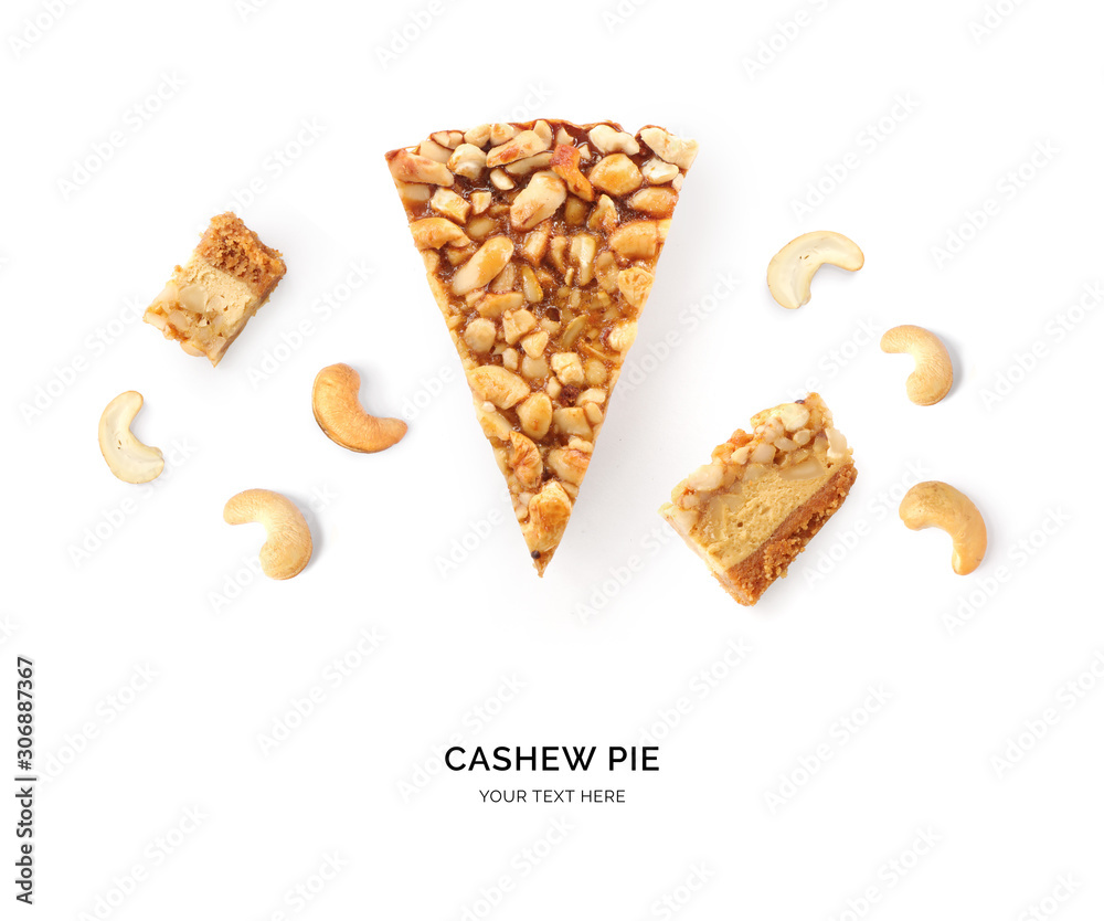 Creative layout made of cashew pie on the white background. Flat lay. Food concept. Macro concept.
