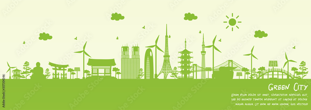 日本东京的绿色城市。环境与生态概念。矢量插图。