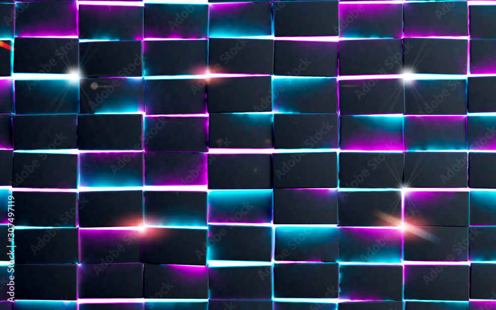 Fondo abstracto futurista de cubos y formas geometricas.Diseño de bloques con luces de neon brillant