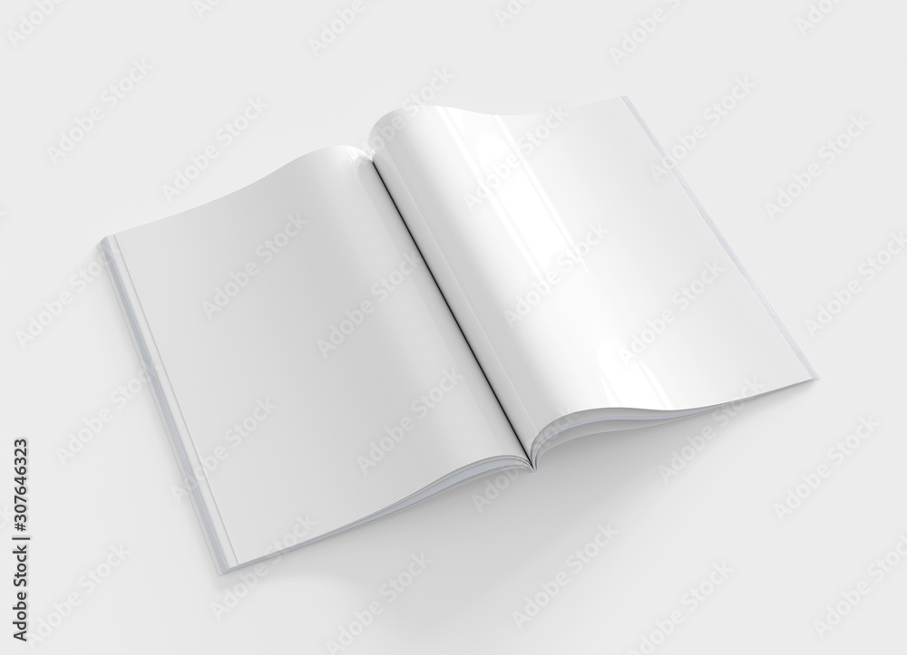 Blank open magazine pages mockup isolated on white background 3D rendering