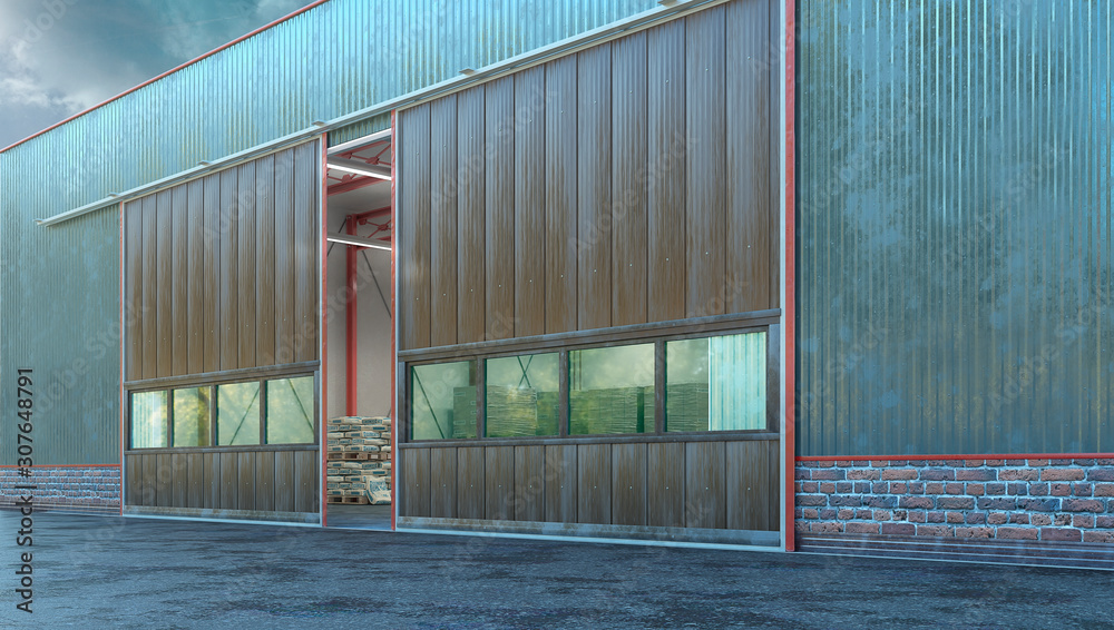 Hangar exterior with sectional gate. 3d illustration