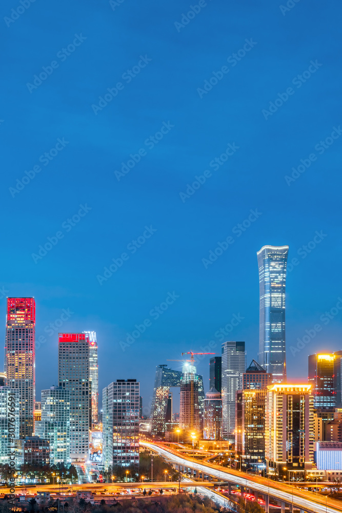 中国北京CBD天际线夜景