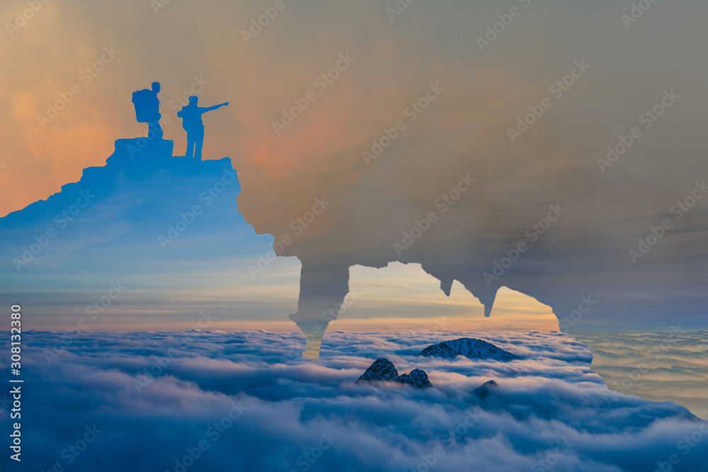 Two men standing on s rock and pointing to the distance. Mountain explorer collage. Double exposure 