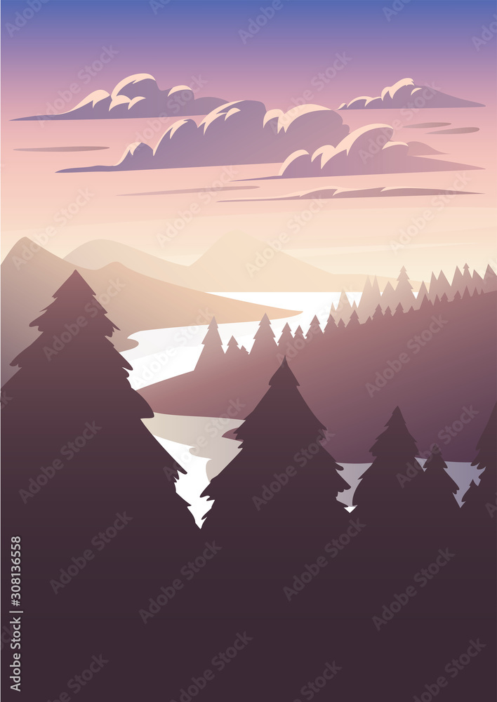 Vector landscape with a river among the forest. Flat style illustration.