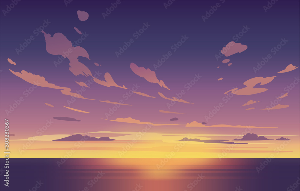 Vector night sky clouds. Sunset. Clean style. Background design