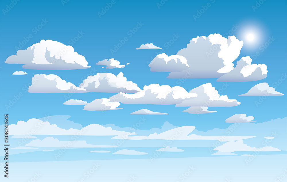 矢量蓝多云的天空。动漫般干净的风格。背景设计