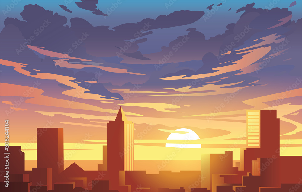 黄昏城市全景，矢量，日落。平面动漫风格