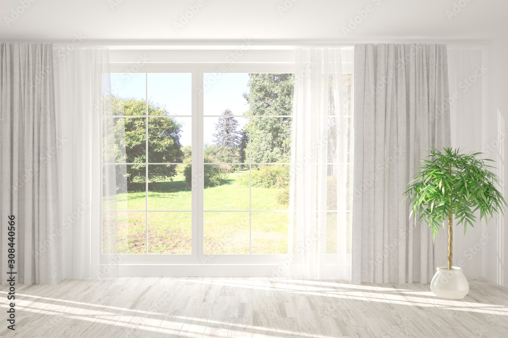 时尚的白色空房间，窗户上有夏季背景。斯堪的纳维亚室内设计。3D