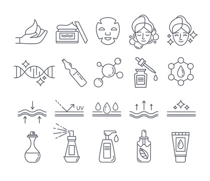 Black and white skin care and beauty cosmetics icons set. Outline signs for cosmetic product package. Flat line art vector illustration