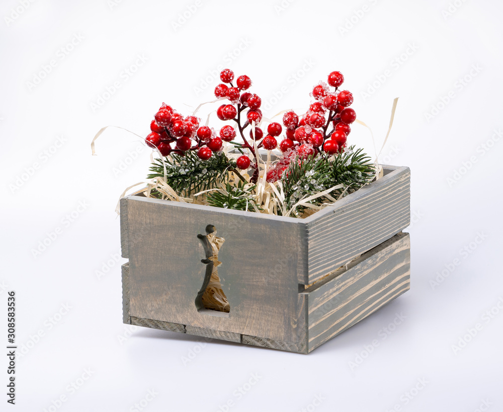 Box with Christmas decorations. Home decoration for New Year