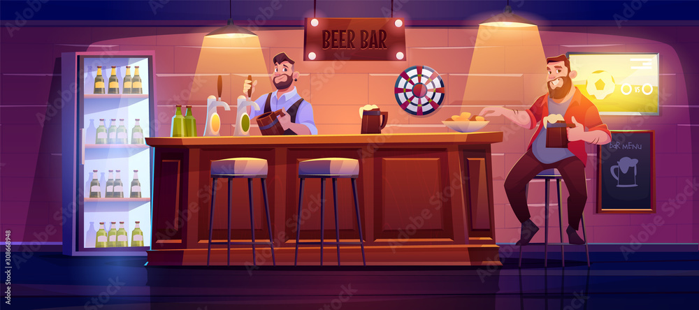 酒吧里的男人。酒吧里的客人坐在木桌旁的凳子上吃薯条，酒吧招待倒饮料。