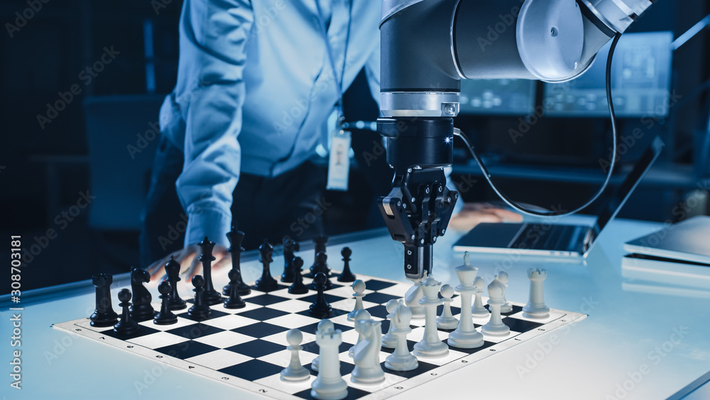 Close Up Shot of a Artificial Intelligence Operating a Futuristic Robotic Arm in a Game of Chess Aga
