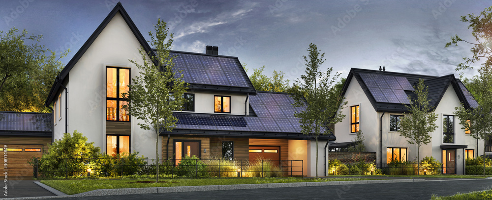 屋顶上有太阳能电池板的漂亮房子