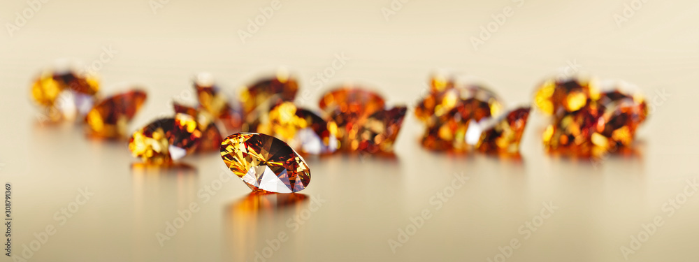 圆形钻石黄玉宝石反射放置在深色反射背景上。三维渲染。
