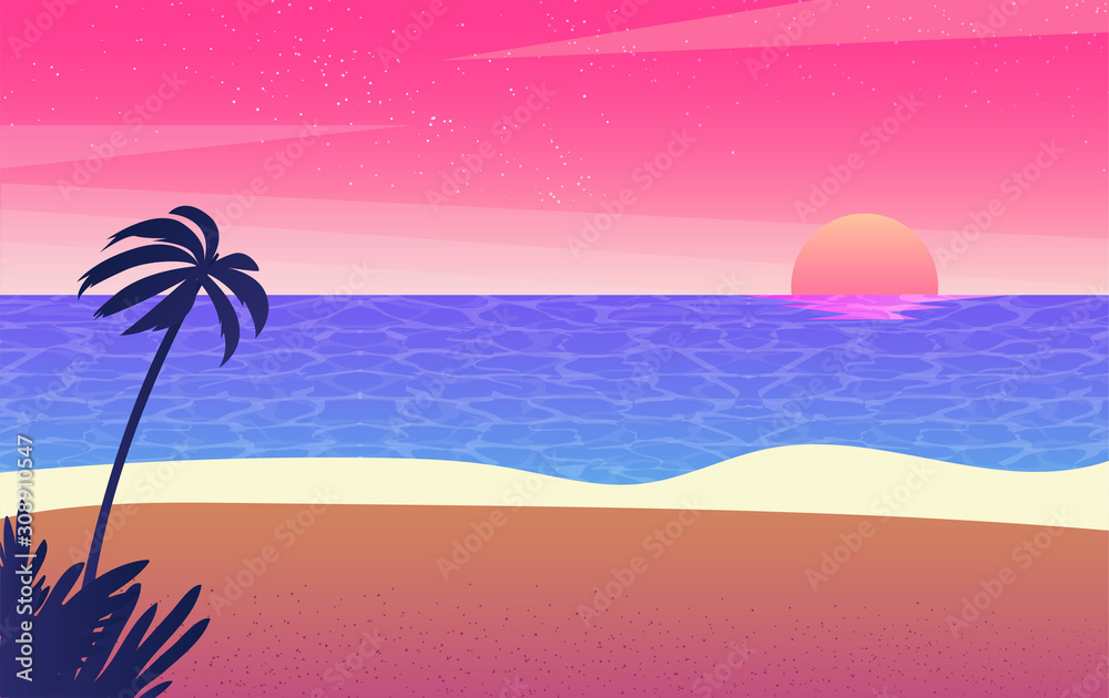 Sea and beach landscape concept. Silhouette man enjoy beauty of summer beach sunset. vector illustra