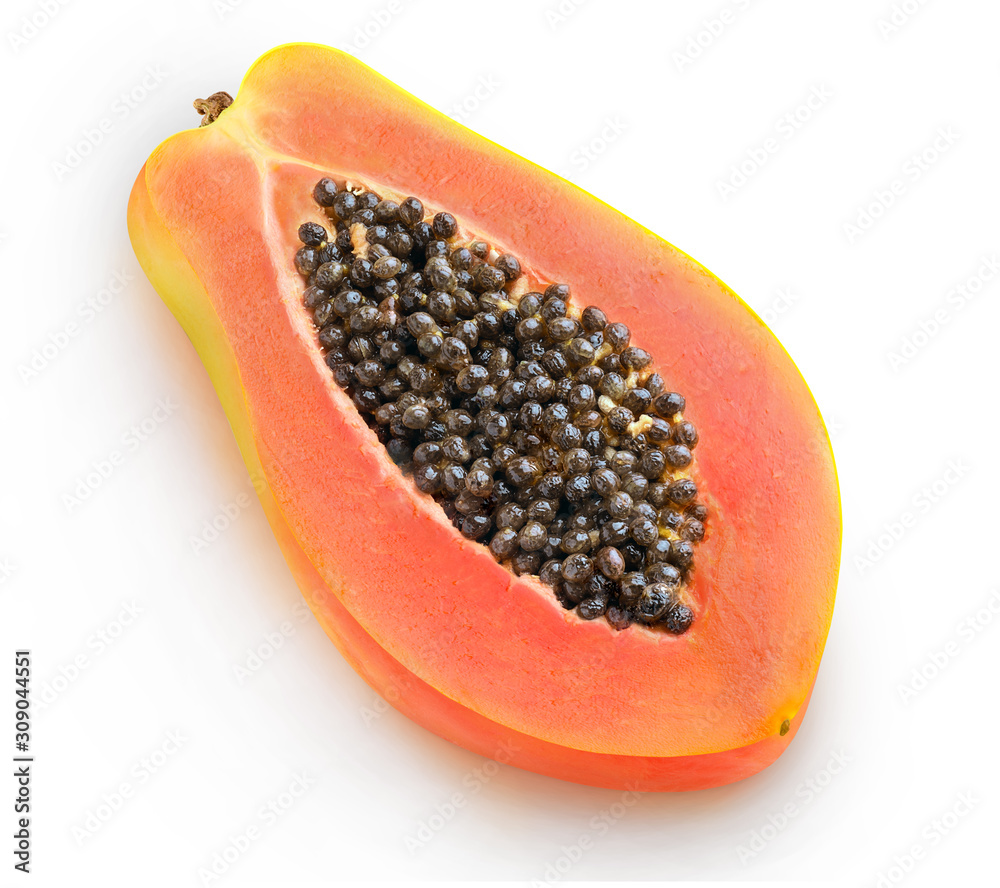 Isolated papaya. Half of fresh papaya fruit with seeds, top view, isolated on white background with 