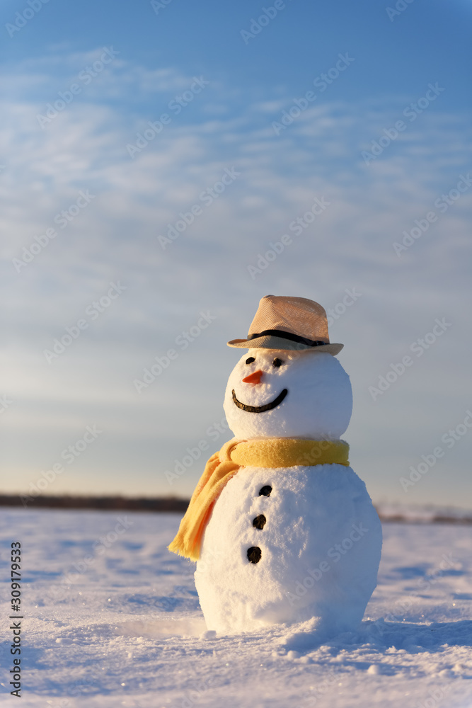 雪地上戴着时髦帽子、长着黄色鳞片的有趣雪人。圣诞快乐，新年快乐！