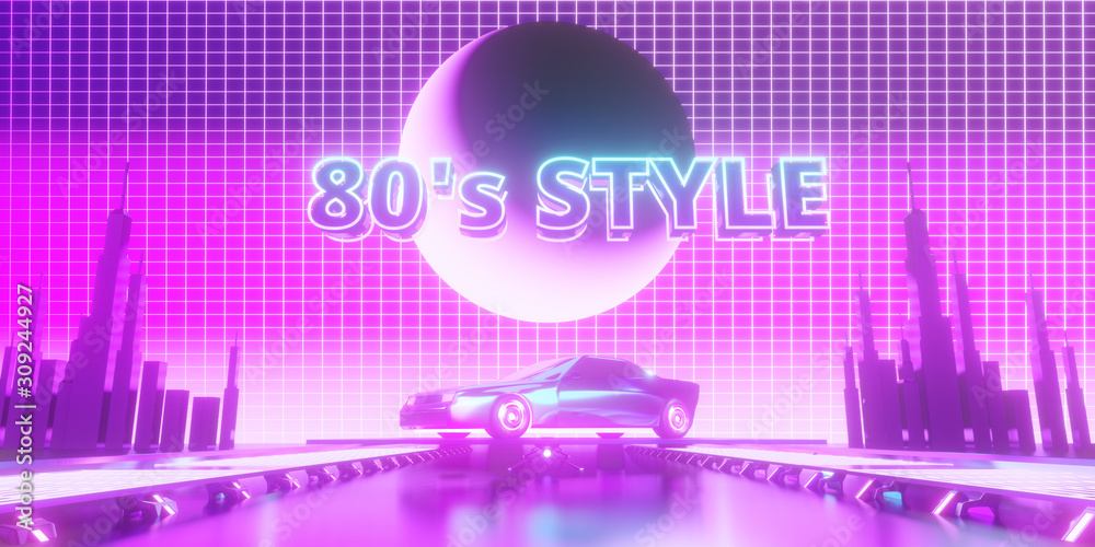 Abstract Sci-Fi Scene Retro Car and City Tower 1980s Color Neon Disco Style Background, 3D renderin