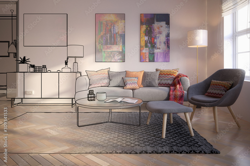 公寓内的现代家具和艺术装饰（草案）-三维可视化