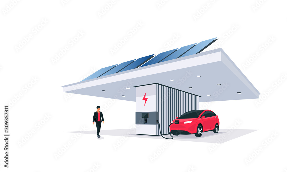 智能现代充电站的电动停车充电。太阳能电池板可再生能源