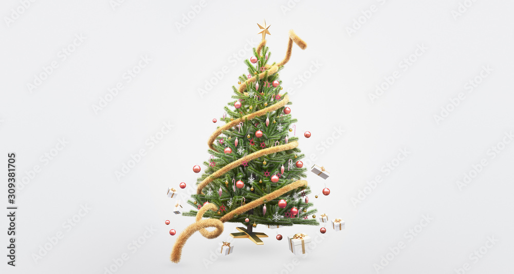 装饰圣诞树，圣诞背景，3d渲染