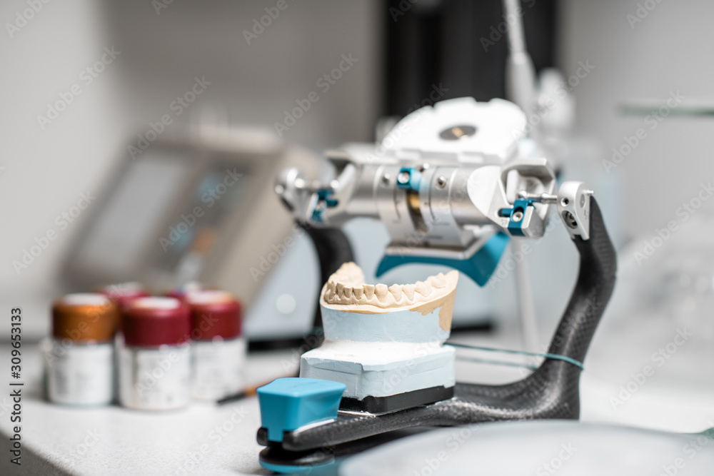 实验室桌子上有下颌模型的牙合架