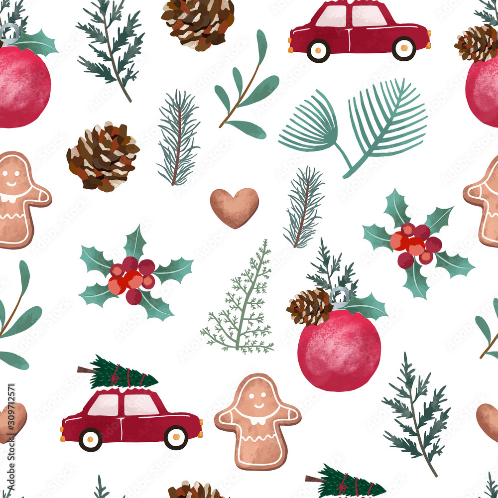 冬青叶、汽车、姜饼的水彩圣诞背景。立体插图无缝图案
