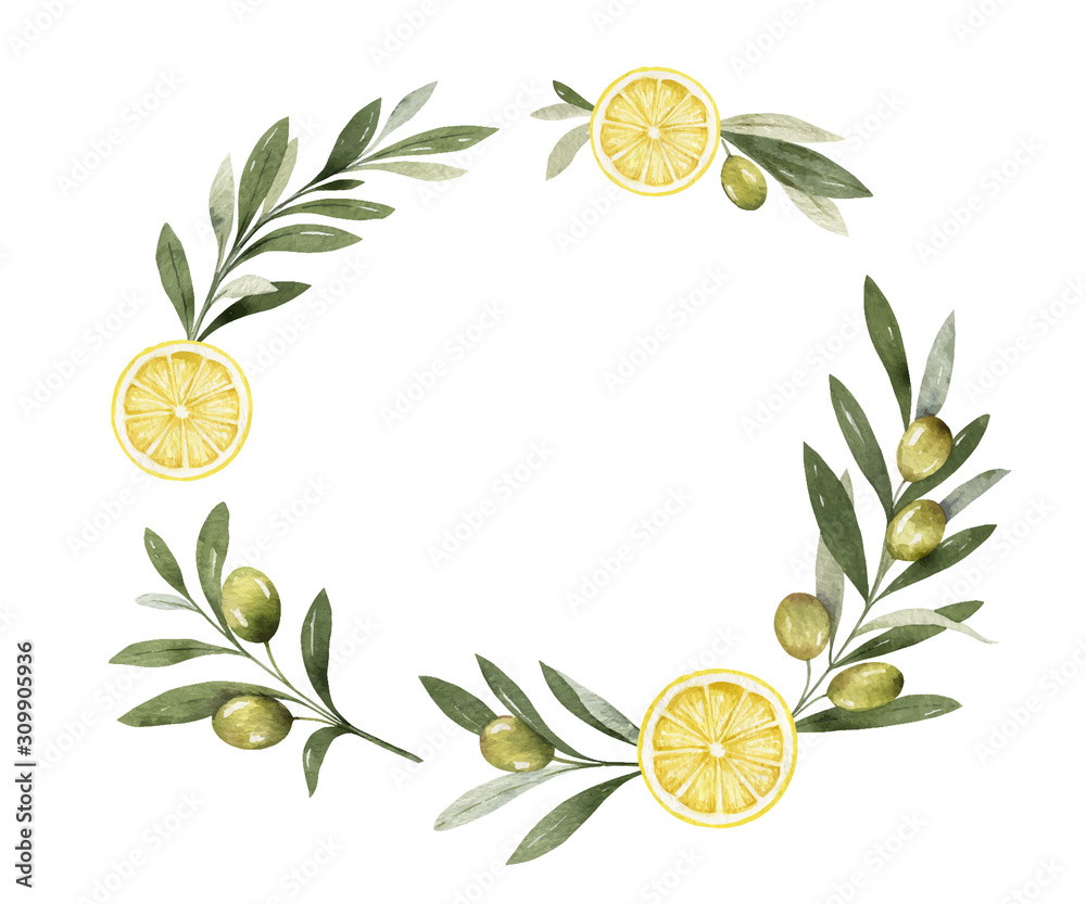 橄榄枝和柠檬的水彩矢量花环。