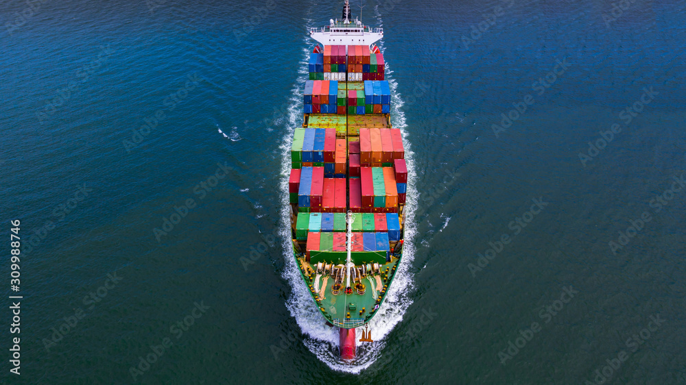 Aerial view container cargo ship carrying container in import export business logistic and transport