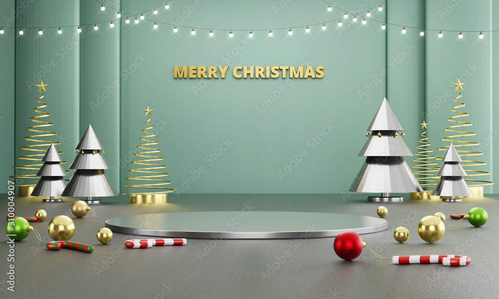 抽象奢华圣诞快乐舞台模型，带装饰，广告产品模板，3d